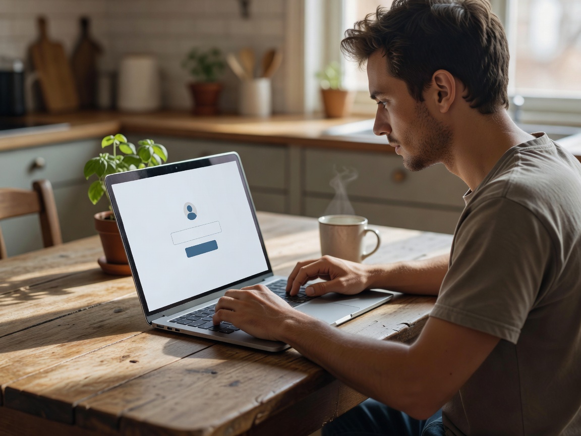 Person checking a laptop sign-in prompt at a naturally lit kitchen table