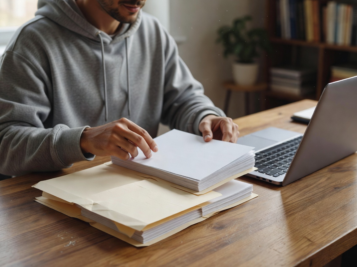 Person organizing recovery instructions in a closed folder beside a laptop at home