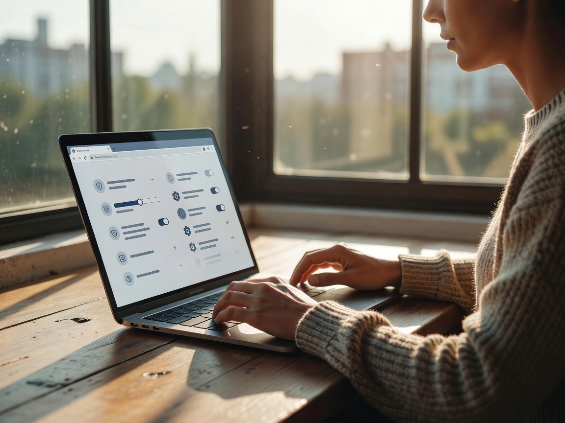 Person reviewing browser privacy controls on a laptop near a sunlit window