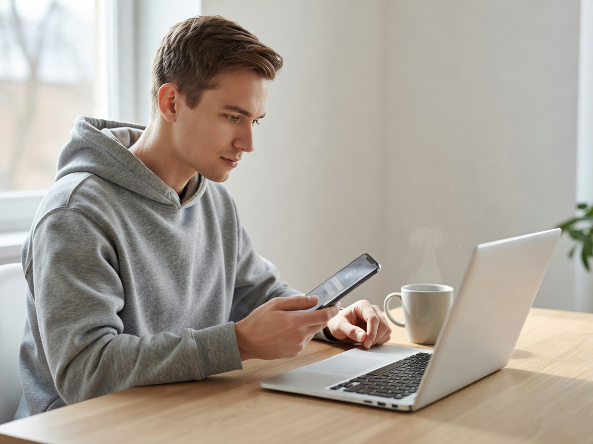 Person reviewing a sign-in prompt on a phone beside a laptop in daylight